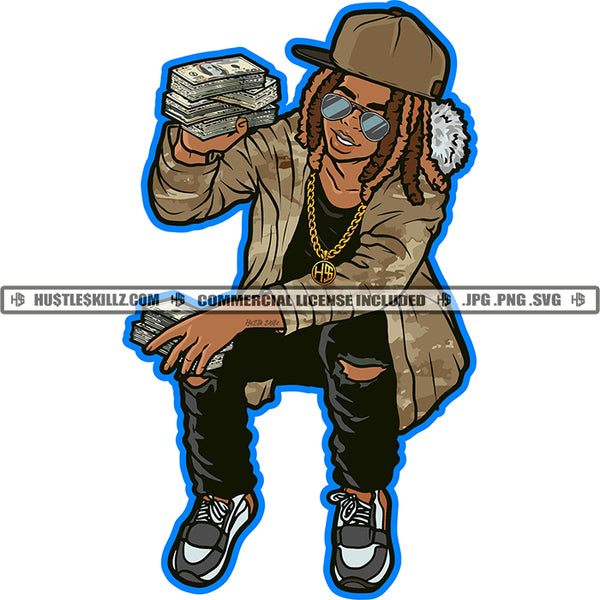 Afro Gangster Man Dreadlocks Hairstyle Money Showing Up Street Wearing Sunglass And Cap Vector Design Element SVG JPG PNG Vector Clipart Cricut