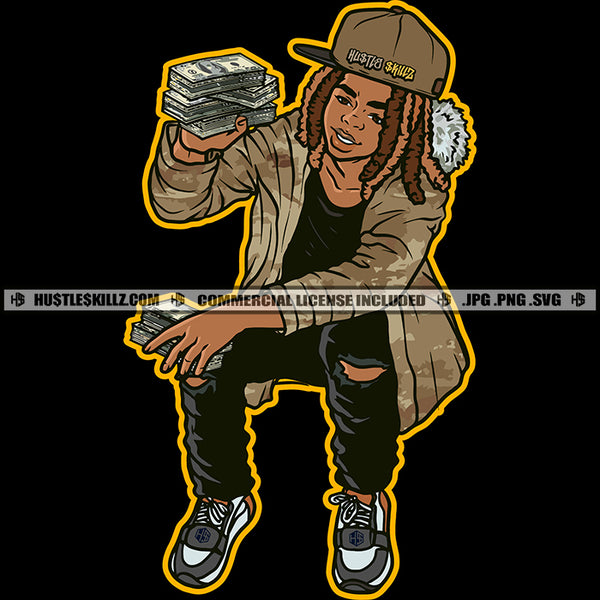 Afro Gangster Man Sitting Position Dreadlocks Hairstyle Money Showing Up Street Wearing Shirt And Cap Vector Design Element SVG JPG PNG Vector Clipart Cricut