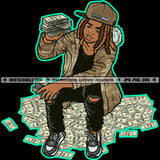 Afro Gangster Man Sitting On Money Dreadlocks Hairstyle Money Showing Up Street Wearing Shirt And Cap Vector Design Element SVG JPG PNG Vector Clipart Cricut Files