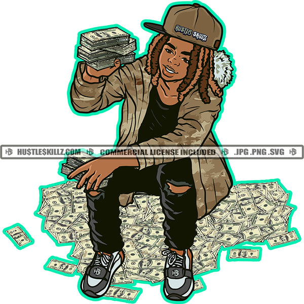 Afro Gangster Man Sitting On Money Dreadlocks Hairstyle Money Showing Up Street Wearing Shirt And Cap Vector Design Element SVG JPG PNG Vector Clipart Cricut Files