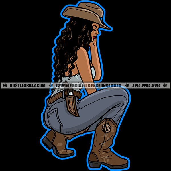 Afro Woman Cowgirl Wearing Hat Cowboy Western Ranch Nubian Melanin Black Girl Sitting Cap Holding Magic SVG JPG PNG Vector Clipart Cricut Cutting Files