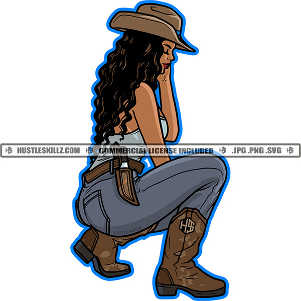 Afro Woman Cowgirl Wearing Hat Cowboy Western Ranch Nubian Melanin Black Girl Sitting Cap Holding Magic SVG JPG PNG Vector Clipart Cricut Cutting Files