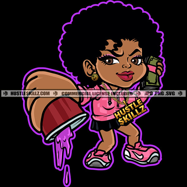 African Puffy Afro Hair Woman Holding Money And Coffee Mug Woman Standing Glamour Vitiligo Woman Vector Design Element SVG JPG PNG Vector Clipart Cricut Cutting Files