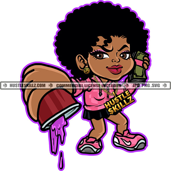 African Puffy Afro Hair Woman Holding Money And Coffee Mug Woman Standing Glamour Vitiligo Woman Vector Design Element SVG JPG PNG Vector Clipart Cricut Cutting Files