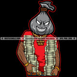 Black Man Money Bag Head Stacks Dollar Bills Arm Tattoos Hand Holding Money Dollar Cash Watch Bracelet Rings Hustler Smile Face Design Element SVG PNG JPG Vector Cutting Cricut Files