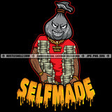 Self Made Quote Color Vector Black Man Money Bag Head Stacks Dollar Bills Arm Tattoos Hand Holding Money Cash Dollar Watch Bracelet Rings Hustler Smile Face Design Element SVG PNG JPG Vector Cutting Cricut Files