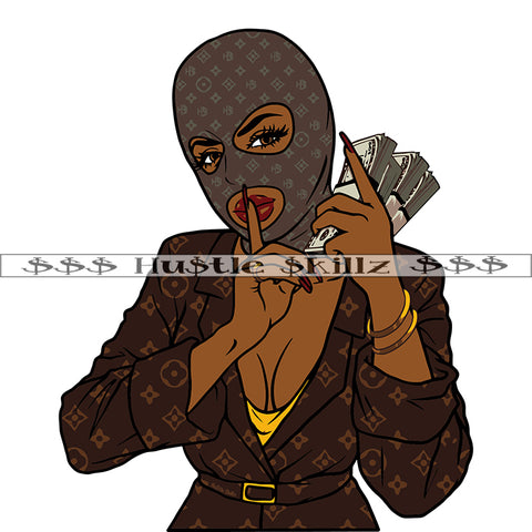 Beautiful Sexy Afro Woman Wearing Ski Mask Holding Money Dollars Cash Shut Up Hand Sign Vector Design Element SVG JPG PNG Vector Clipart Cricut Cutting Files