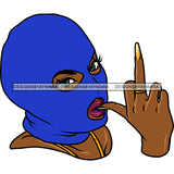 Gangster Afro Woman Wearing Blue Color Mask Vector African Woman Middle Finger Hand Sign White Background Lipstick Smile Face SVG JPG PNG Vector Clipart Cricut Cutting Files
