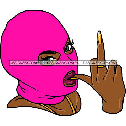 Gangster Afro Woman Wearing Pink Color Mask Vector African Woman Middle Finger Hand Sign White Background Lipstick Smile Face SVG JPG PNG Vector Clipart Cricut Cutting Files
