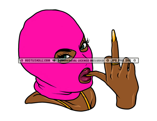 African Gangster Woman Gun Hand Sign Long Nail Melanin Woman Wearing Pink Color Ski Mask Sexy Pose Vector Design Element SVG JPG PNG Vector Clipart Cricut Cutting Files