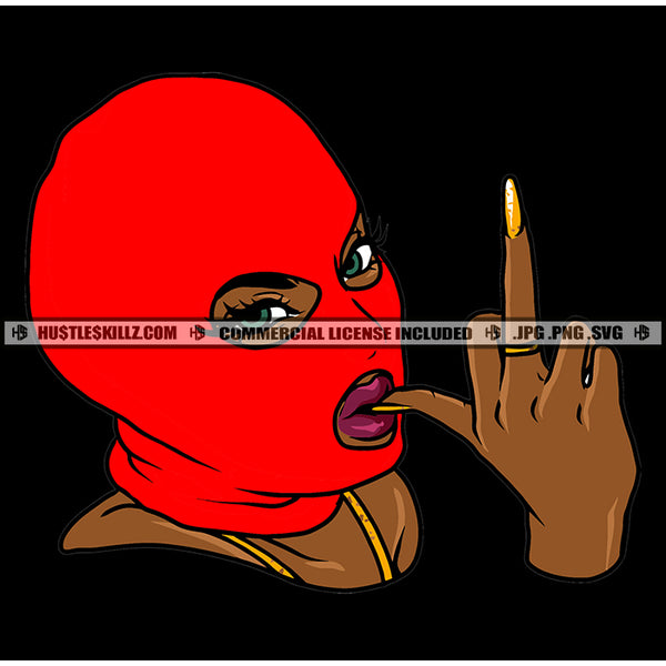 African Gangster Woman Middle Finger Hand Sign Long Nail Melanin Woman Wearing Red Color Ski Mask Sexy Pose Vector Design Element SVG JPG PNG Vector Clipart Cricut Cutting Files