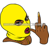 Gangster Afro Woman Wearing Yellow Color Mask Vector African Woman Middle Finger Hand Sign White Background Lipstick Smile Face SVG JPG PNG Vector Clipart Cricut Cutting Files
