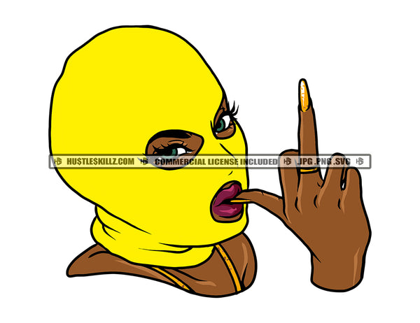 African Gangster Woman Gun Hand Sign Long Nail Melanin Black Woman Wearing Yellow Color Ski Mask Sexy Pose Vector Design Element SVG JPG PNG Vector Clipart Cricut Cutting Files