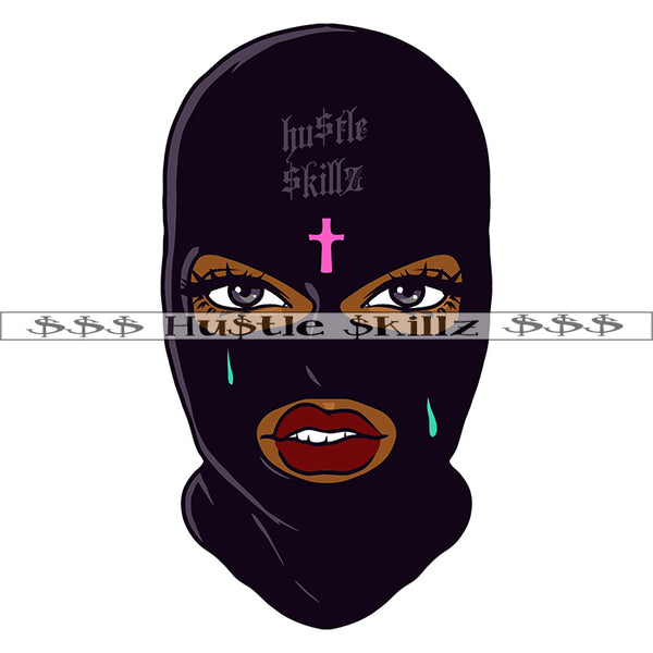 African American Gangster Woman Wearing Black Color Ski Mask On Cross Design Element Melanin Woman Head Design SVG JPG PNG Vector Clipart Cricut Cutting Files