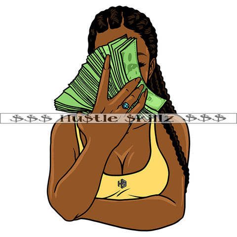 African Gangster Woman Holding Money Stack On Her Face Dope Girl Hustling Hustler Sexy Body Vector Design Element SVG JPG PNG Vector Clipart Cricut Cutting Files