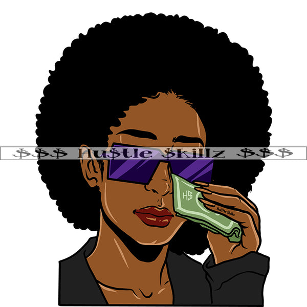 African Puffy Afro Hair Woman Holding Money Melanin Woman Wearing Sunglass Beautiful Face Vector Design Element SVG JPG PNG Vector Clipart Cricut Cutting Files