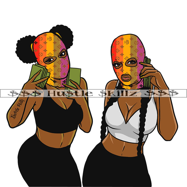 African American Gangster Woman Holding Money Woman Wearing Ski Mask Melanin Woman Sexy Pose Vector Design Element SVG JPG PNG Vector Clipart Cricut Cutting Files