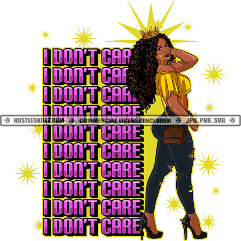 I Don't Care Quotes Curly Hair Melanin Woman Vector Portrait Afro Woman Queen Crown With Bag Curvy Lady Vector Star Colorful Silhouette SVG JPG PNG Vector Clipart Cricut Cutting Files