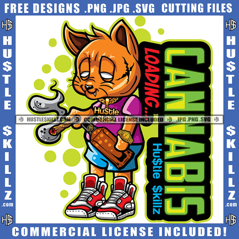 Cannabis Loading Quote Scarface Gangster Cat Holding Cigar And Wine Bottle In Hand Colorful Design Element Marijuana Cannabis High Life Blunt Smoke Pot Stoned Dot Background SVG JPG PNG Vector Clipart Cricut Cutting Files