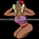 Nubian Black Woman Holding Money Bundle Money Cash Bank Dollar Grind Grinding Wearing Bikini And Cap Melanin Hustler Hustling Vector Design Element SVG JPG PNG Vector Clipart Cricut Cutting Files