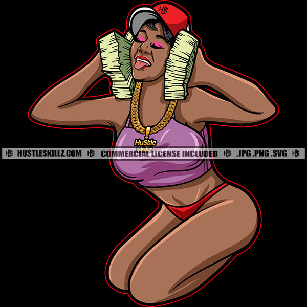 Nubian Black Woman Holding Money Bundle Money Cash Bank Dollar Grind Grinding Wearing Bikini And Cap Melanin Hustler Hustling Vector Design Element SVG JPG PNG Vector Clipart Cricut Cutting Files