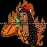 Black Woman Wearing Baseball Cap Hat Stack Holding Money Cash Curly Hair Style Middle Finger Grind Nails Hustler Design Element SVG PNG JPG Vector Cutting Cricut Files