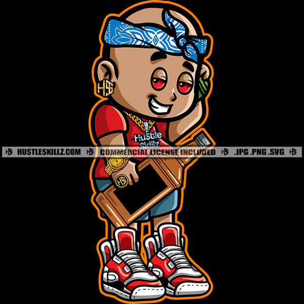 Young Boy Cartoon Character Hand Holding Whiskey Bottle Red Eye Vector Wearing Head Band Design Element Smile Face SVG JPG PNG Vector Clipart Cricut Cutting Files