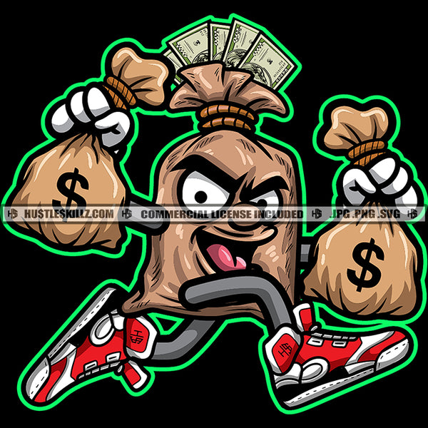 Funny Money Bag Character Running And Holding Money Bag Design Element Smile Face Character SVG JPG PNG Vector Clipart Cricut Cutting Files