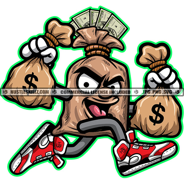 Funny Money Bag Character Running And Holding Money Bag Design Element Smile Face Character SVG JPG PNG Vector Clipart Cricut Cutting Files