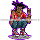 African American Man Sitting On Money Wearing Sunglasses Vector Middle Finger Hand Sign Wearing Sunglasses Locus Hair Style Design Element SVG JPG PNG Vector Clipart Cricut Cutting Files