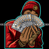 Melanin Man Holding Money Cash Notes Vector Wearing Gold Chain And Ring Design Element Cap On Head Vector Hide Face SVG JPG PNG Vector Clipart Cricut Cutting Files