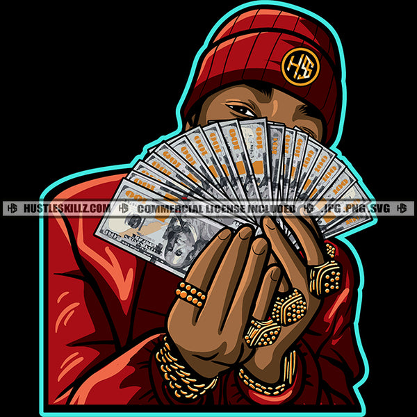 Melanin Man Holding Money Cash Notes Vector Wearing Gold Chain And Ring Design Element Cap On Head Vector Hide Face SVG JPG PNG Vector Clipart Cricut Cutting Files