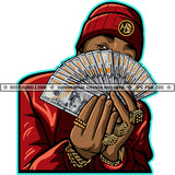 Melanin Man Holding Money Cash Notes Vector Wearing Gold Chain And Ring Design Element Cap On Head Vector Hide Face SVG JPG PNG Vector Clipart Cricut Cutting Files