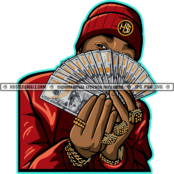 Melanin Man Holding Money Cash Notes Vector Wearing Gold Chain And Ring Design Element Cap On Head Vector Hide Face SVG JPG PNG Vector Clipart Cricut Cutting Files