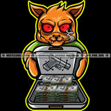 Gangster Scarface Cat Smoking Weed And Marijuana Holding Briefcase Vector Lot Of Money And Gun On Briefcase Design Element Cat Red Eye SVG JPG PNG Vector Clipart Cricut Cutting Files