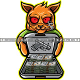 Gangster Scarface Cat Smoking Weed And Marijuana Holding Briefcase Vector Lot Of Money And Gun On Briefcase Design Element Cat Red Eye SVG JPG PNG Vector Clipart Cricut Cutting Files