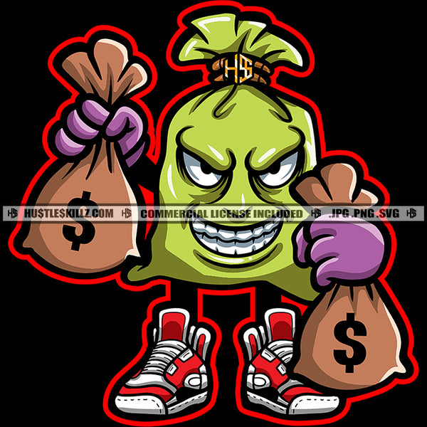 Cartoon Character Money Bag Hand Holding Money Bag Design Element Smile Face And Color Body Character Standing SVG JPG PNG Vector Clipart Cricut Cutting Files