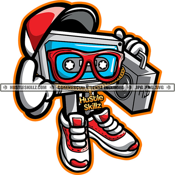 Funny Cartoon Character Holding Also Radio Design Element Character Wearing Sunglasses And Cap Vector Smile Face Music Box Standing SVG JPG PNG Vector Clipart Cricut Cutting Files