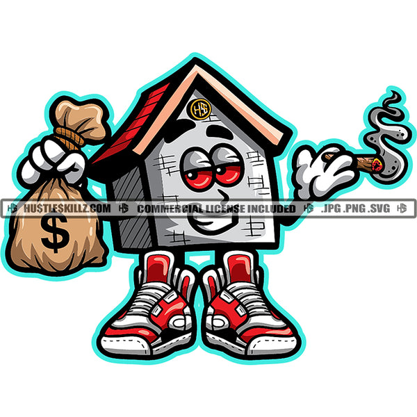 Trap House Money Bags Ghetto Trap Plug Street Swag Gangster Cartoon Character Smoking Weed And Holding Money Bag Design Element SVG JPG PNG Vector Clipart Cricut Cutting Files