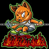 Gangster Scarface Cat Skateboard On Fire White Background Design Element Smile Face Cat One Eye Close Vector SVG JPG PNG Vector Clipart Cricut Cutting Files