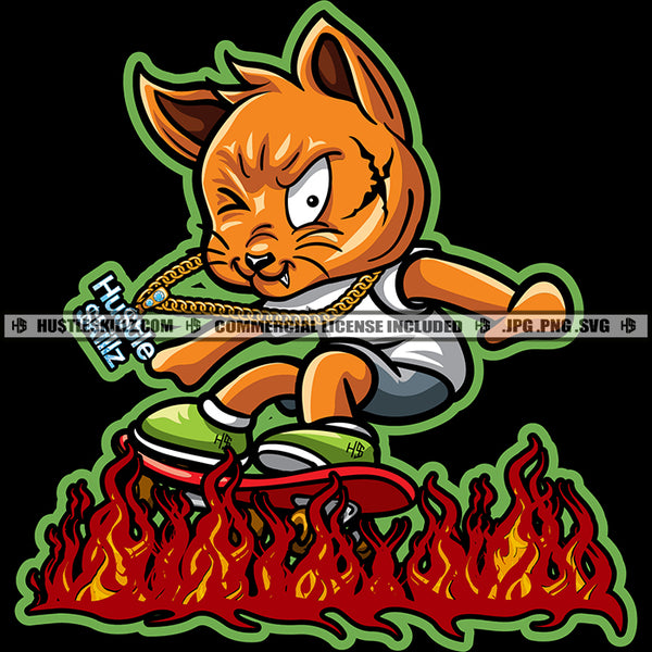 Gangster Scarface Cat Skateboard On Fire White Background Design Element Smile Face Cat One Eye Close Vector SVG JPG PNG Vector Clipart Cricut Cutting Files