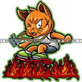 Gangster Scarface Cat Skateboard On Fire White Background Design Element Smile Face Cat One Eye Close Vector SVG JPG PNG Vector Clipart Cricut Cutting Files