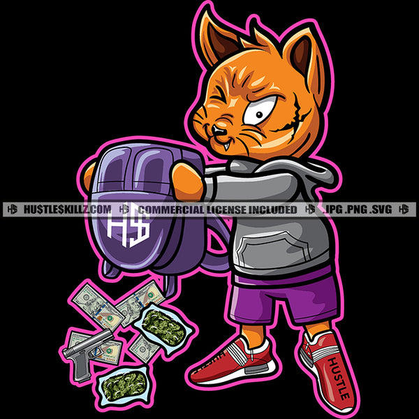 Gangster Scarface Cat Backpack Money Cash Vector Cat Standing Smile Face Design Element SVG JPG PNG Vector Clipart Cricut Cutting Files