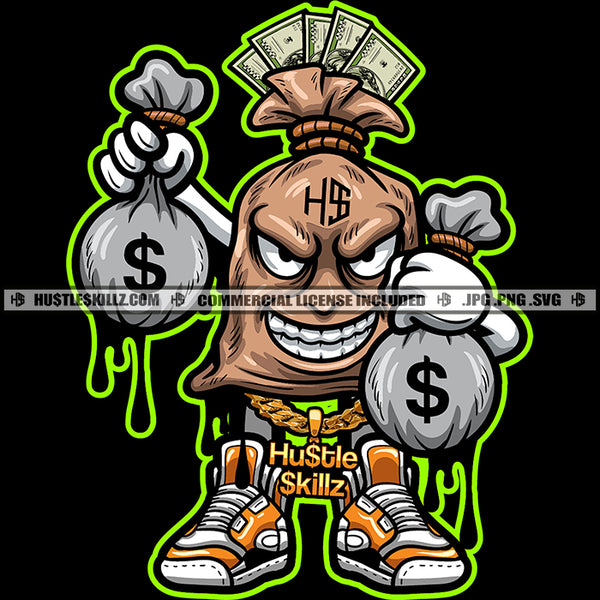 Money Bag Cartoon Character Holding Money Bag Vector Character Smile Face Color Dripping Design Element SVG JPG PNG Vector Clipart Cricut Cutting Files