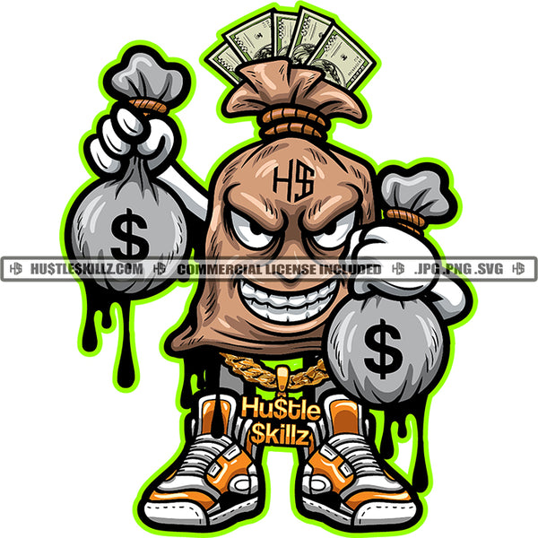 Money Bag Cartoon Character Holding Money Bag Vector Character Smile Face Color Dripping Design Element SVG JPG PNG Vector Clipart Cricut Cutting Files