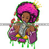 Self Made Pink Color Quote African American Woman Holding Money On Bite Mouth Vector Afro Pink Color Hair Style Design Element Color And Dollar Sign Dripping SVG JPG PNG Vector Clipart Cricut Cutting Files