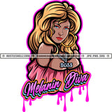 Melanin Diva Color Quote Cartoon Character Head Design Element Woman Golden Hair Style Wearing Big Ear Ring Sexy Pose Color Dripping SVG JPG PNG Vector Clipart Cricut Cutting Files