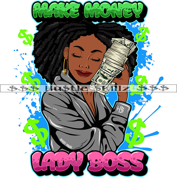 Make Money Lady Boss Color Quote African American Woman Holding Money Cash Note Vector Afro Hair Style Design Element SVG JPG PNG Vector Clipart Cricut Cutting Files