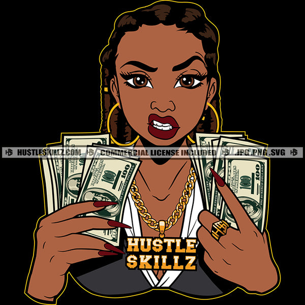 Gangster Nubian Black Woman Holding Money Cash Bank Grind Grinding Dollar Bill Melanin Woman Angry Face Hustler Hustling Vector Design Element SVG JPG PNG Vector Clipart Cricut Cutting Files