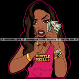 Young Melanin Woman Holding Money Long Nail Color Line Wearing Watch Vector Angry Melanin Face Design Element Black Background Beautiful Face Boom Ear Ring